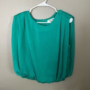 DO+BE Green Shoulder Pad Satin Like Blouse Cowl Neck Size Medium casual comfort
